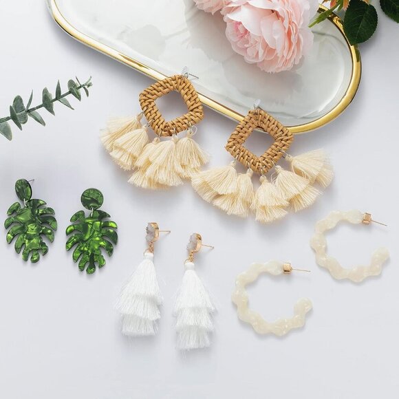 9-12 Pairs Rattan Earrings for Women Handmade Boho Tassel Earrings Lightweight A - Picture 7 of 7